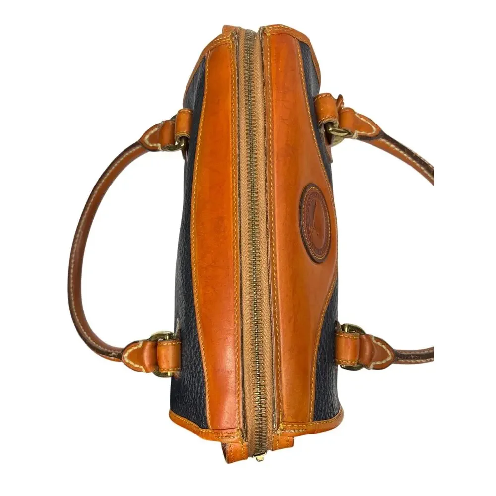 Vintage Dooney & Bourke AWL Navy British Tan Leather Barrel Satchel USA